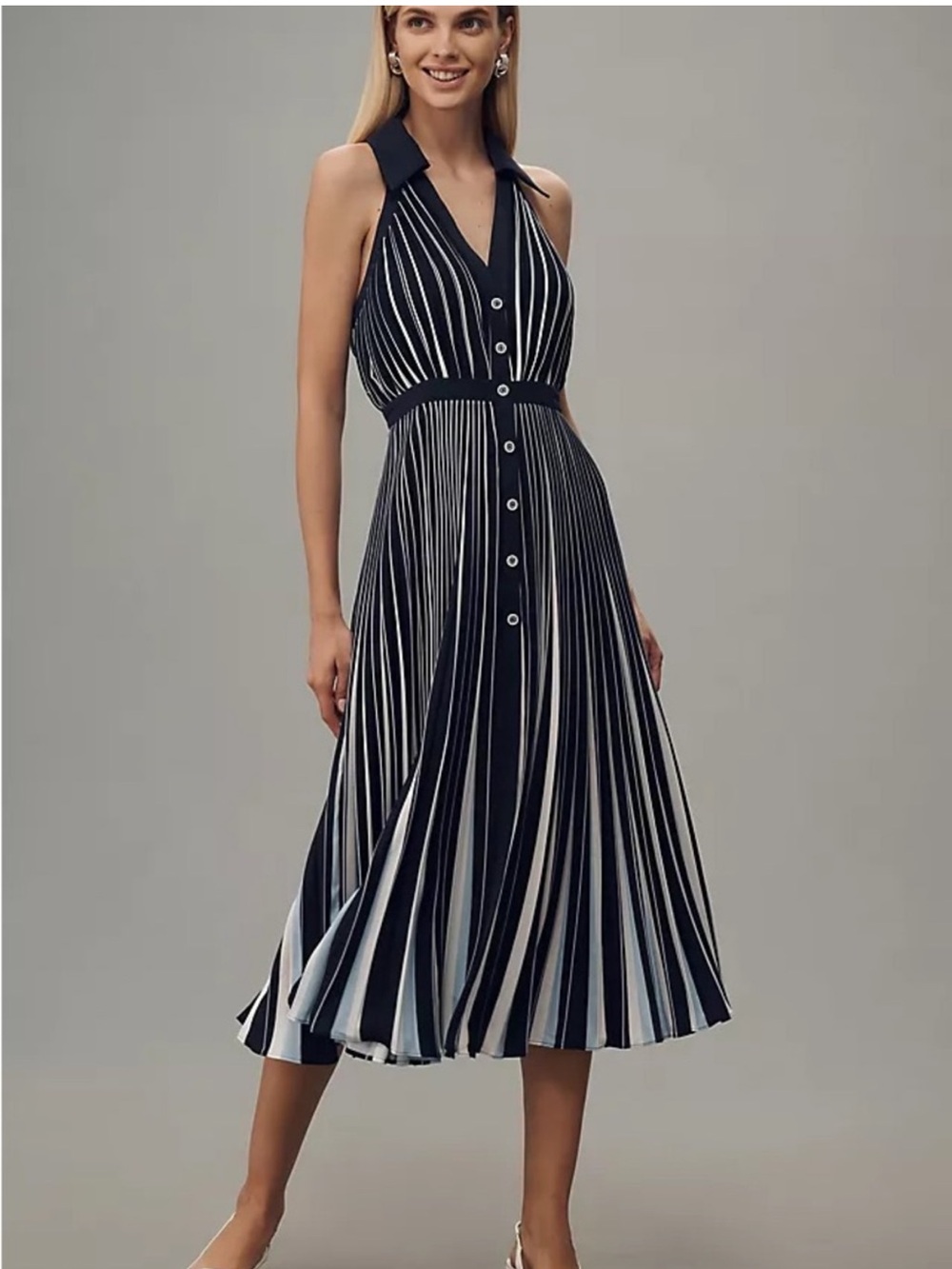 Anthropologie Navy and White Striped Halter Midi Dress